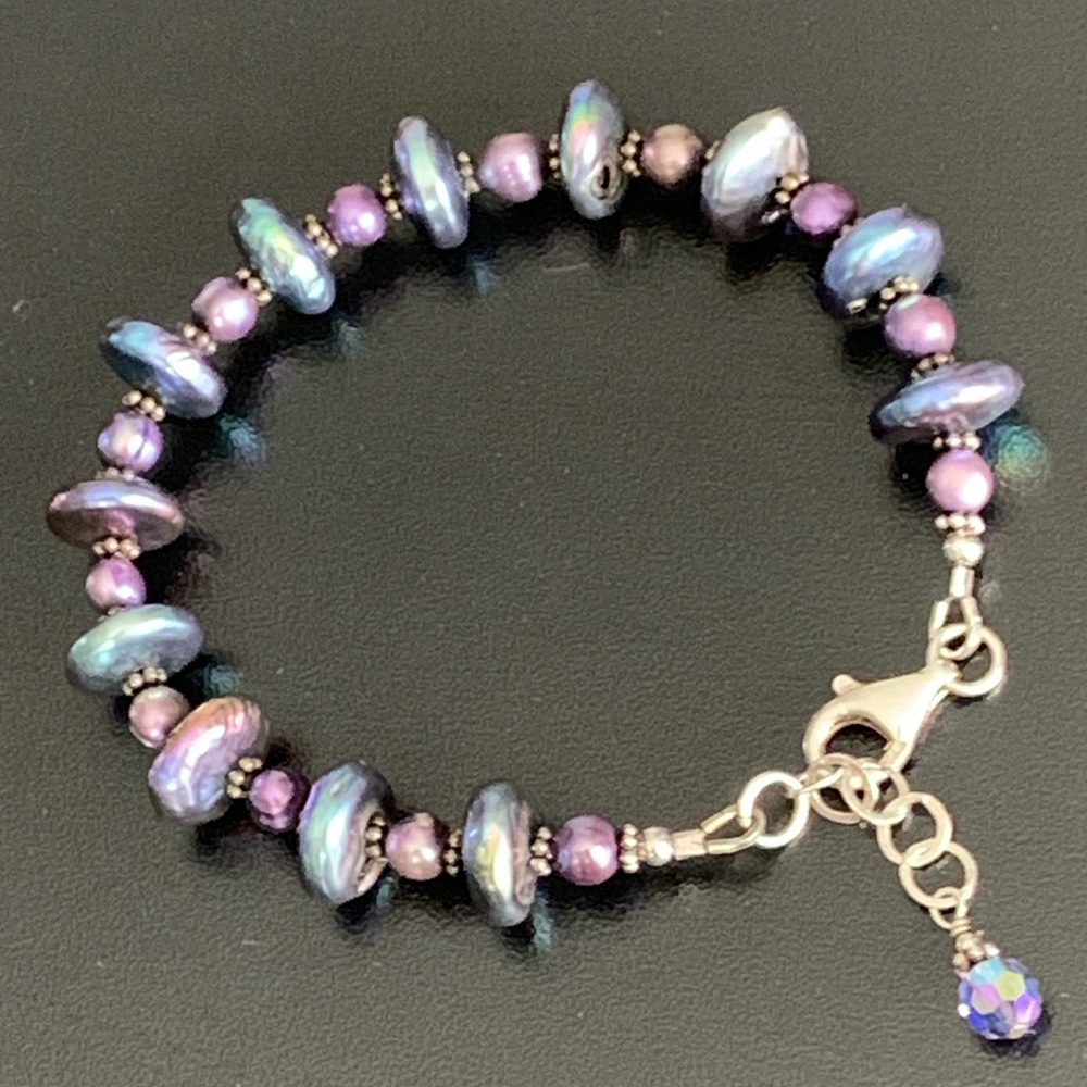 Pretty Vintage 925 Sterling Silver Freshwater Pearl  Multicolor Bracelet